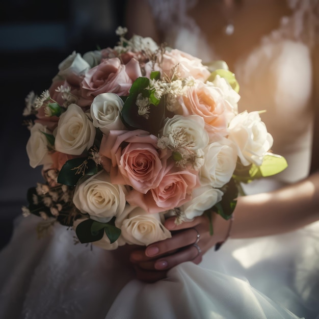 Bride holding a bouquet of roses