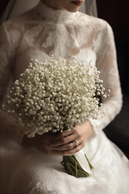 A bride holds a bouquet of baby's breath.