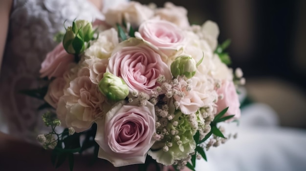 A bride holds a bouquet of flowers in her hand.