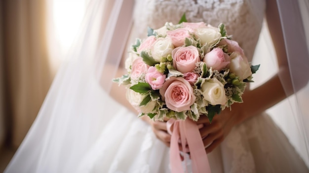 a bride holds a bouquet of flowers in her hands