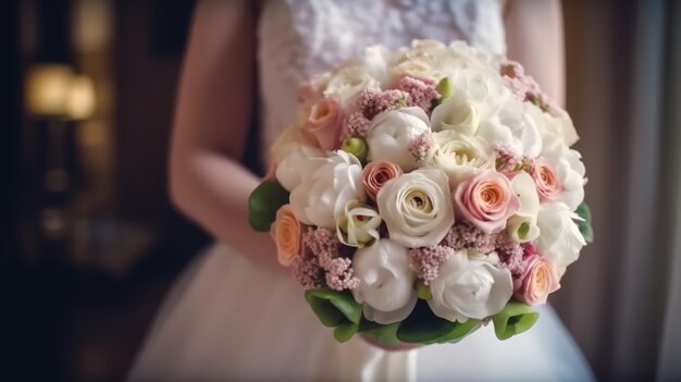 A bride holds a bouquet of flowers in her hands.