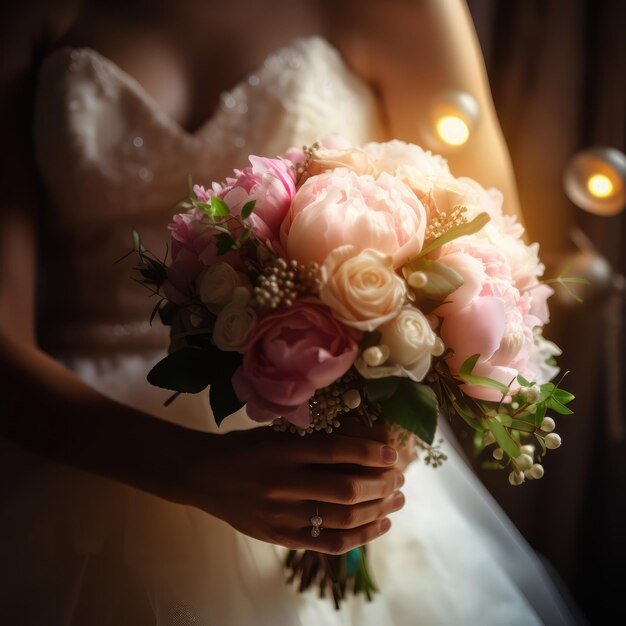 A bride holds a bouquet of flowers in her hands.