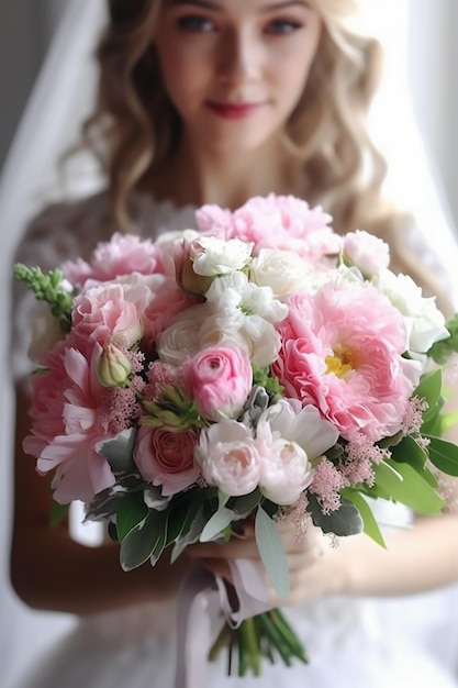 A bride holds a bouquet of flowers in her hands.