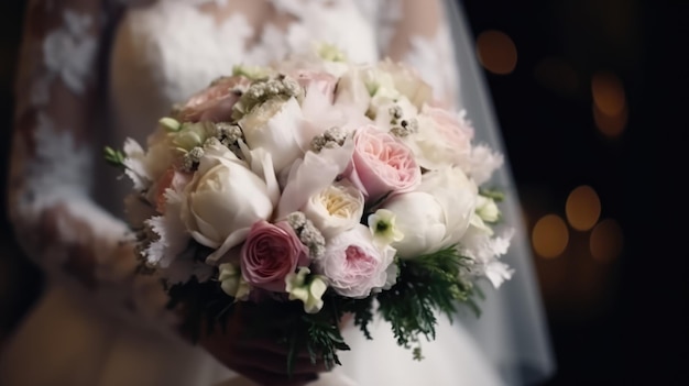 A bride holds a bouquet of flowers.