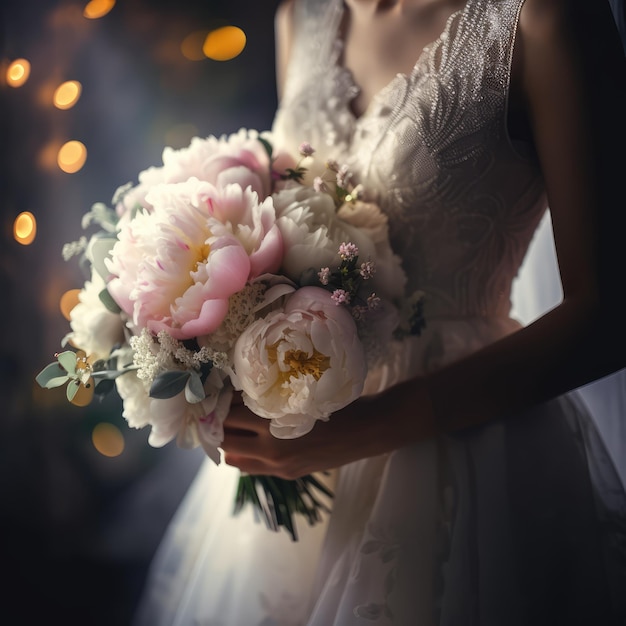 A bride holds a bouquet of peonies and other flowers.