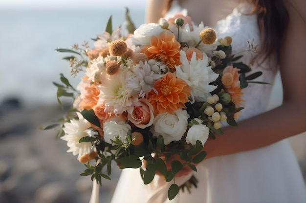 The bride is holding a wedding bouquet on the background of the sea Generative AI 5