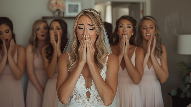 Photo bride is overcome with emotion as her bridesmaids gasp in awe at her wedding dress