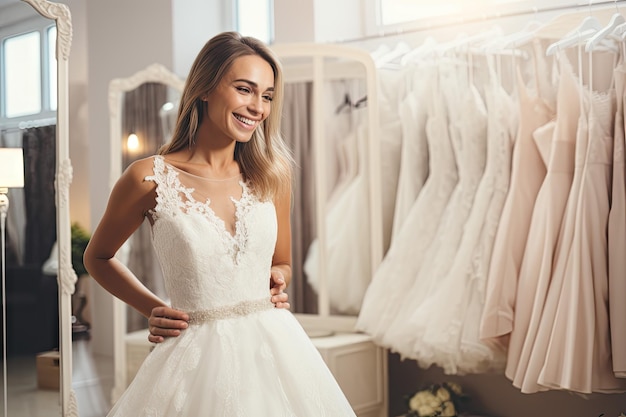 the bride is trying on a beautiful wedding dress