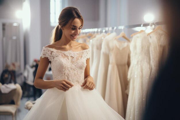 the bride is trying on a beautiful wedding dress