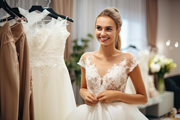 the bride is trying on a beautiful wedding dress