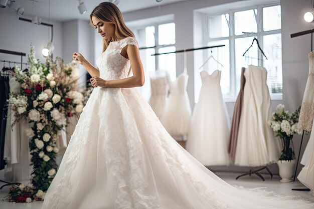 the bride is trying on a beautiful wedding dress