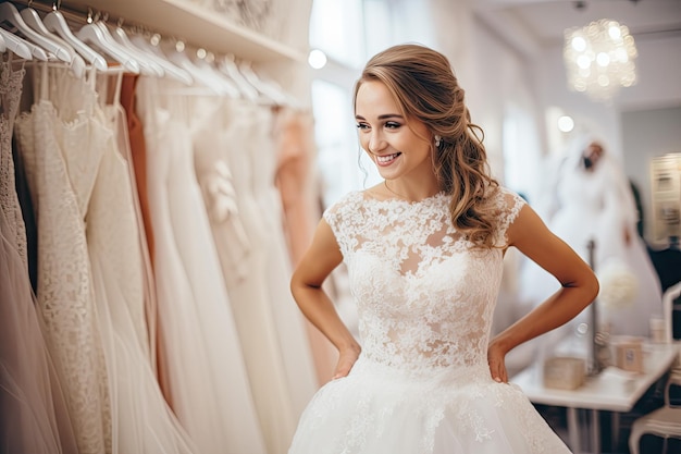 the bride is trying on a beautiful wedding dress