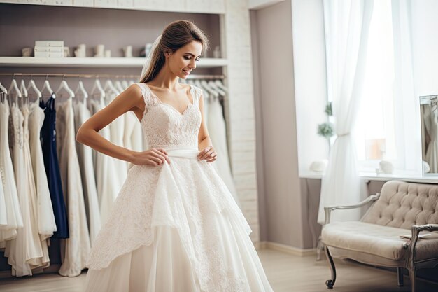 the bride is trying on a beautiful wedding dress