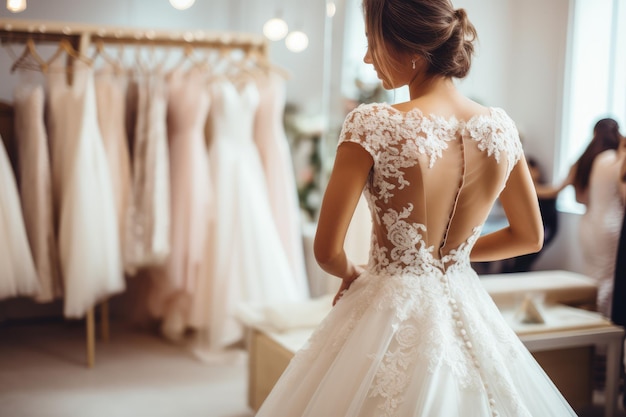 the bride is trying on a beautiful wedding dress