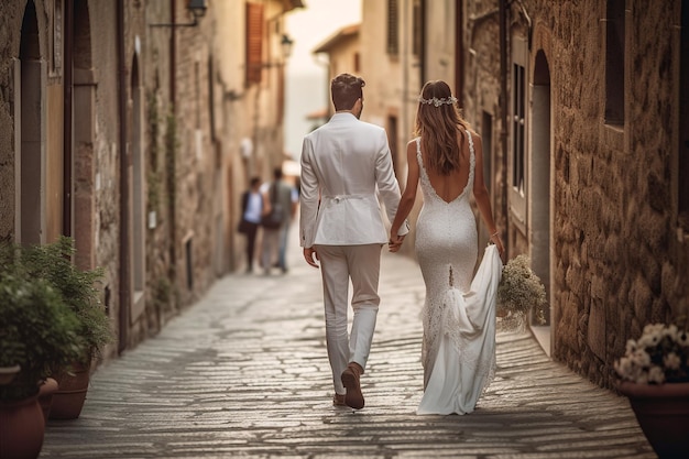 a bride in a lavish wedding gown walking hand in hand with her groom dressed in a sophisticated sui