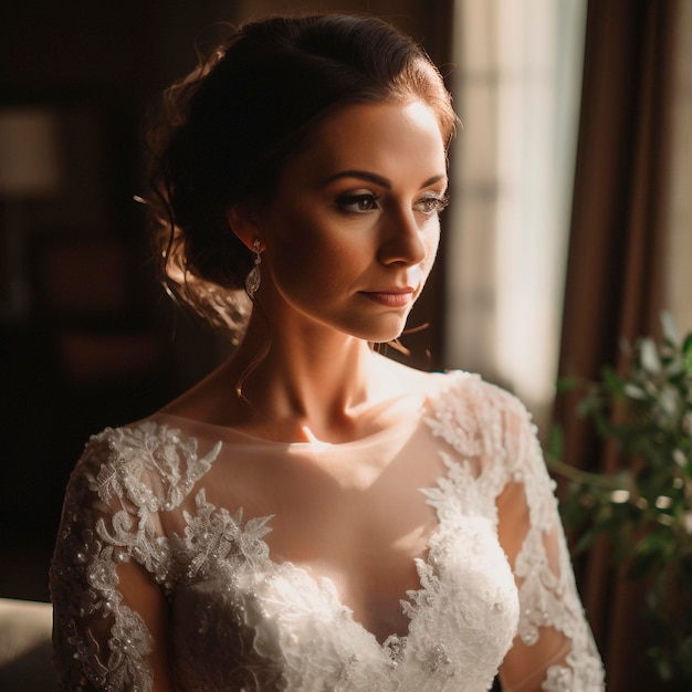 Bride looking out the window at the wedding