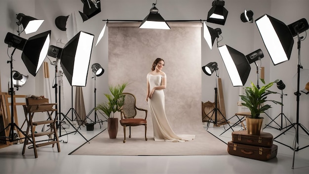 a bride poses in front of a photo for a photo shoot