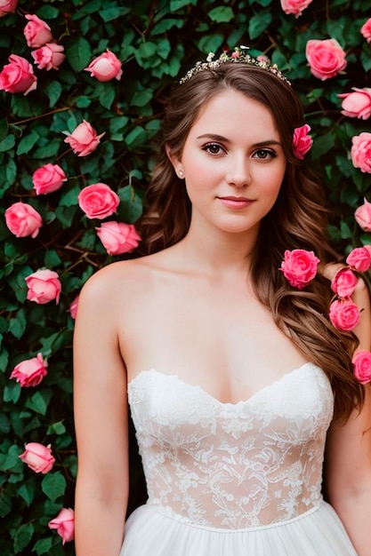 A bride poses in front of a wall of roses.