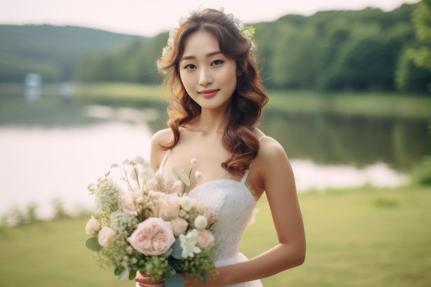 A bride poses for a photo with a bouquet of flowers in her hand.