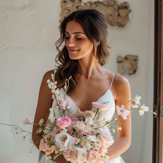 Photo a bride poses for a photo with a bouquet of flowers