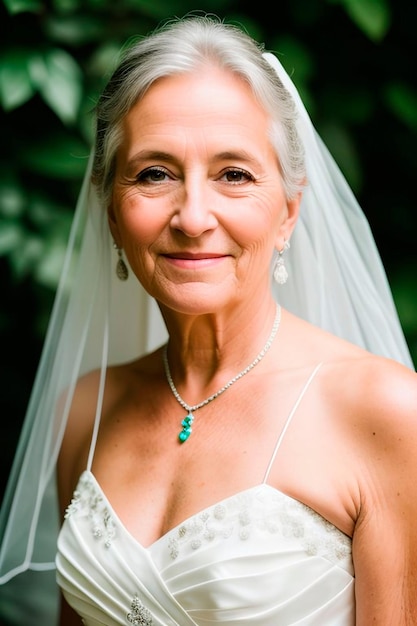 A bride poses for a portrait in front of a green background.