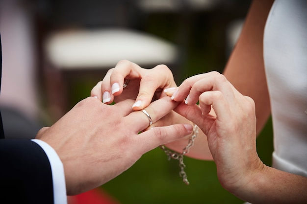 Bride putting wedding ring on a groom's finger