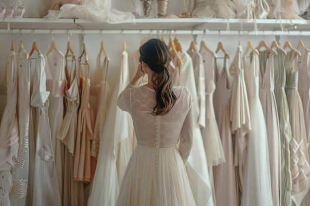 Photo bride selecting different shades of wedding dresses hung on rail in white room