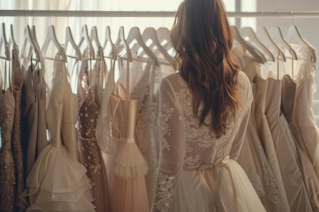 Photo bride selecting different shades of wedding dresses hung on rail in white room