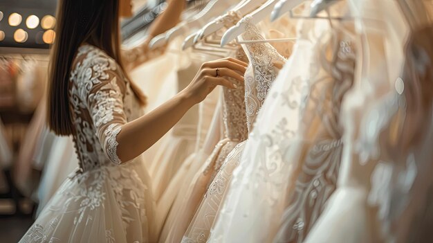 Bride shopping for wedding dresses in bridal boutique