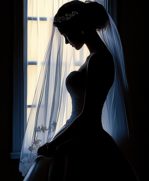 Bride in silhouette poses gracefully by a window wearing a flowing veil