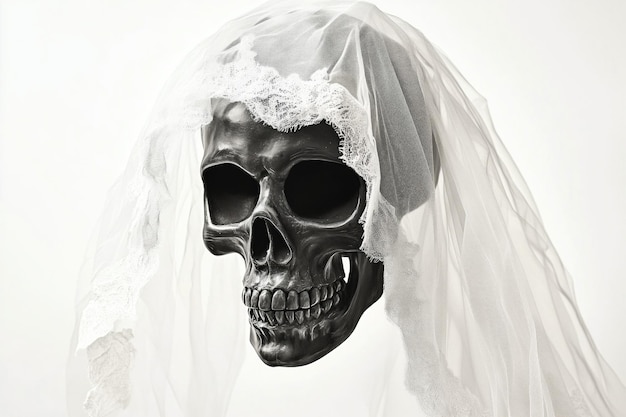 Photo bride skull wearing wedding veil isolated on white for halloween celebration