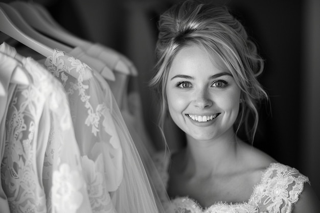 Photo the bride smiles while holding a wedding dress