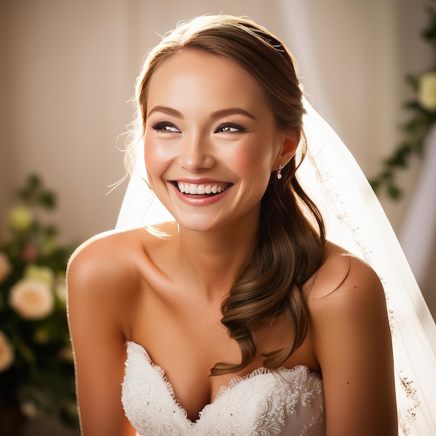 a bride smiling in a white veil with a smile on her face