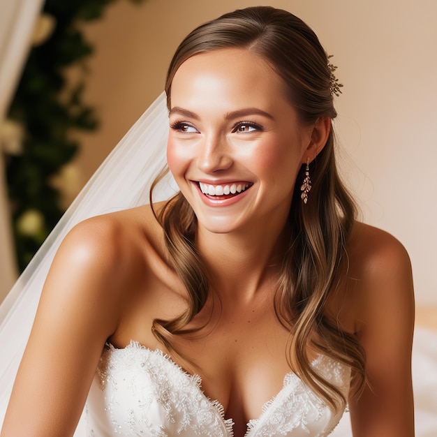 a bride smiling with a white veil on her head