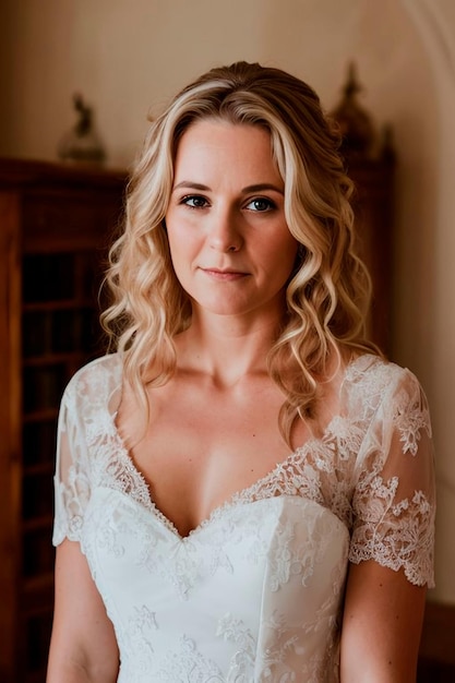 Bride standing in a room with a mirror on the wall