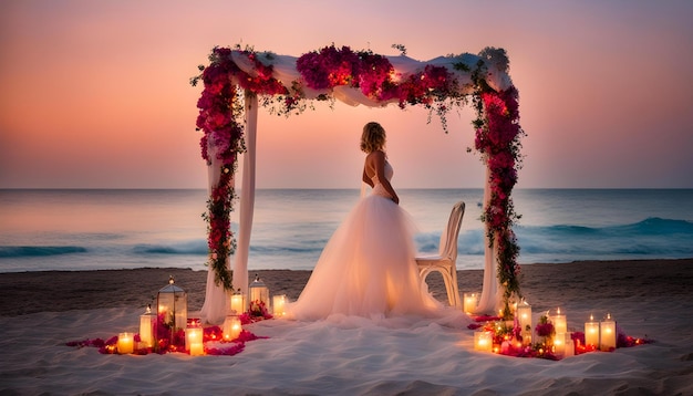 a bride stands in front of a wedding arch with candles and flowers