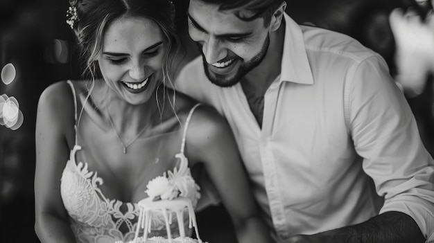 Photo a bride in a stunning wedding dress smiles brightly as she and her partner cut into their wedding cake the intimate venue is softly lit enhancing the romantic atmosphere