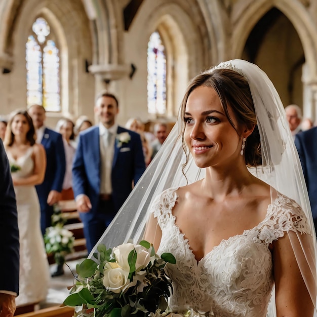 Photo bride walking down the aisle walking down the aisle in a church or outdoor venue