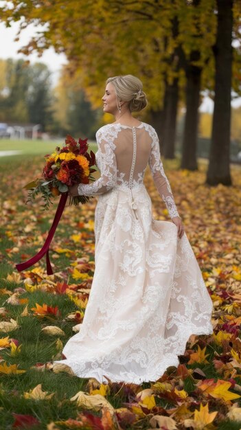 Photo bride walks in beautiful wedding dress with autumn colorful bouquet woman with autumn flowers on a