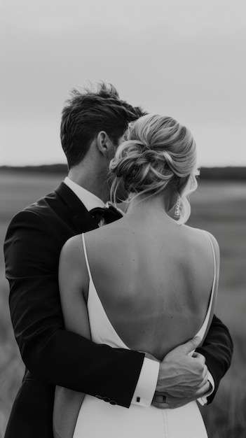 Photo a bride wearing a simple backless gown stands outdoors wrapping her arms around her partner the serene landscape creates a romantic backdrop for their special moment