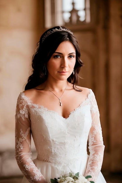 Bride wearing a wedding dress with a gold cross on the neck