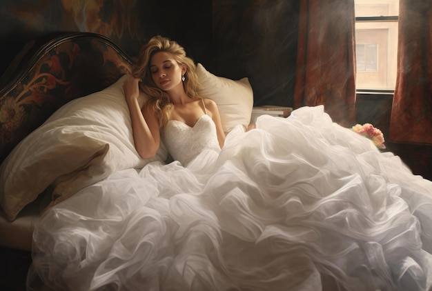 A bride in a wedding dress lies on a bed in a room with a window behind her.