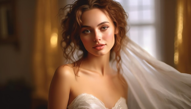 A bride in a wedding dress stands in front of a window.