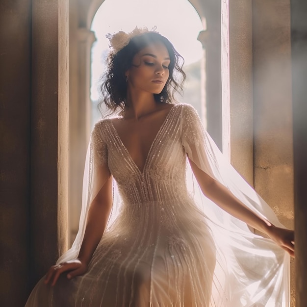 Bride in a wedding dress with a flower crown