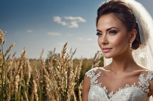 Photo a bride in a white dress with a blue sky behind her