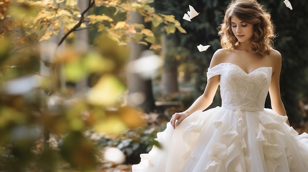 a bride in a white dress with butterflies on the top