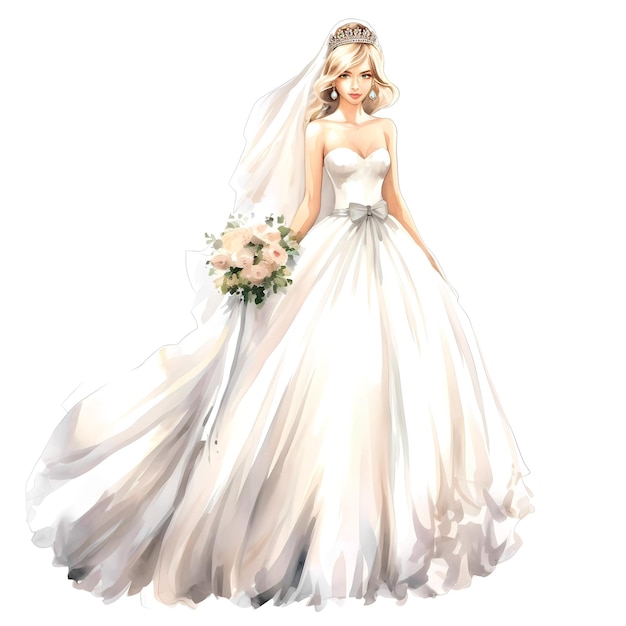 Bride in white gown with tiara and bouquet