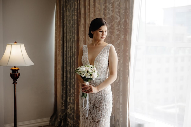 Bride in a white lace wedding dress