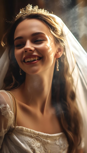 A bride in a white veil smiles at the camera