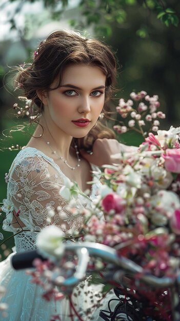 a bride with a bouquet of flowers in her hair